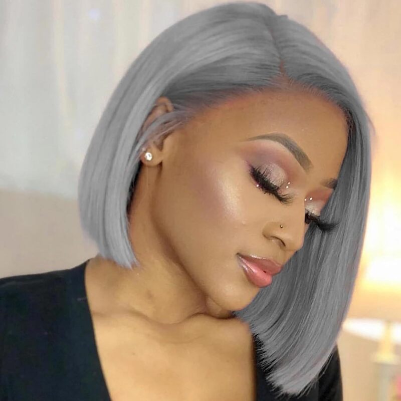 Ombre gray short straight wig pre-pulled virgin 13x 4 lace front wig for women gray wig 10 English