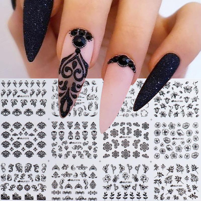 New nail art stickers ins gilded black and white flowers flower art style self-adhesive nail stickers nail