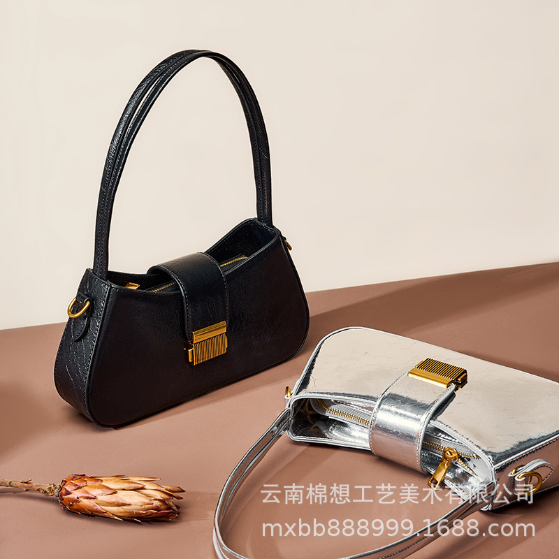 French Niche Design Genuine Leather Retro Underarm Bag For Women, High-End Baguette Handbag, Versatile Simple Trendy Style - Thumbnail 2