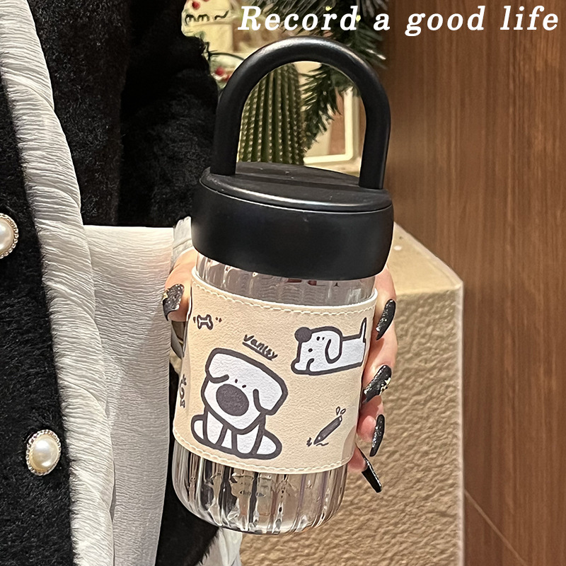 時尚高顏值條紋玻璃杯2024新款隨手杯提手便攜男女同款學生咖啡杯