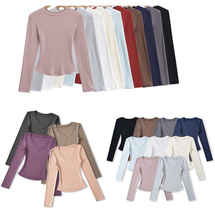 V-neck long sleeve bottoming 2025 spring shoulder Joker sexy slim hourglass waist crew neck T-shirt pure desire top women's wholesale