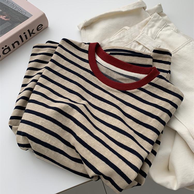 (2개) 컬러 매칭 라운드 넥 스트라이프 티셔츠 여성 패셔너블 레트로 눈송이 코튼 스트라이프 탑 초가을 한국 스타일 올매치베이스 셔츠 트렌디