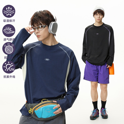 Spliced, Contrasting-Color, Sun-Protective, Breathable Sports-Style Long-Sleeve T-Shirt for Men – Autumn Edition, Embroidered, Loose-Fit, Trendy Brand Sweater