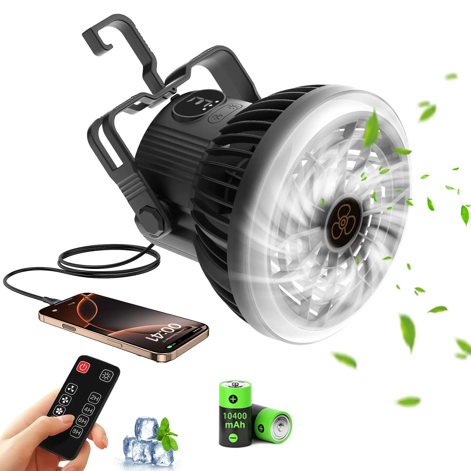 跨境露营风扇户外USB充电便捷式帐篷吊扇数显遥控高尔夫球车风扇