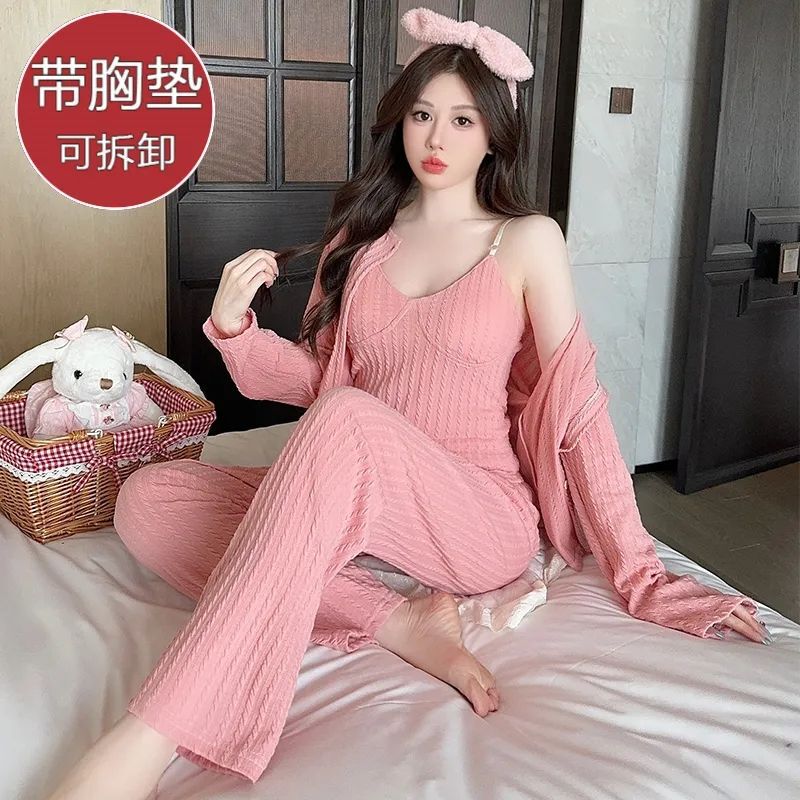 Cotton Soft Three-Piece Set of Women's Pajamas with Breast Pads, Sweet Spring & Fall Home Clothes Pajamas Export Factory