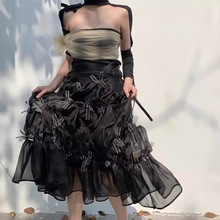现货 蝴蝶结半身裙黑色cici同款高腰褶皱纱裙超仙蛋糕仙女裙