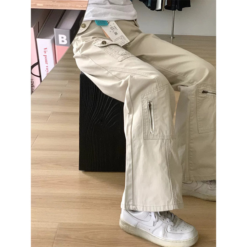 美式复古高街多口袋工装牛仔裤女春季新款高腰显瘦阔腿垂感拖地裤|undefined