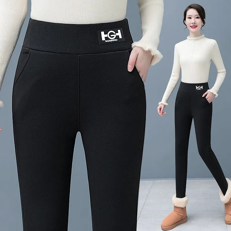 Tiktok popular 500g de espesor HG bolsillo de lana de cordero polainas de las mujeres del otoño y el invierno de lana gruesa desgaste exterior Delgado lápiz Pantalones
