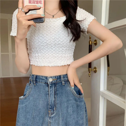 Square collar clavicle short-sleeved T-shirt for women in summer with unique design, sweet hottie pleated short high-waisted navel top trendy