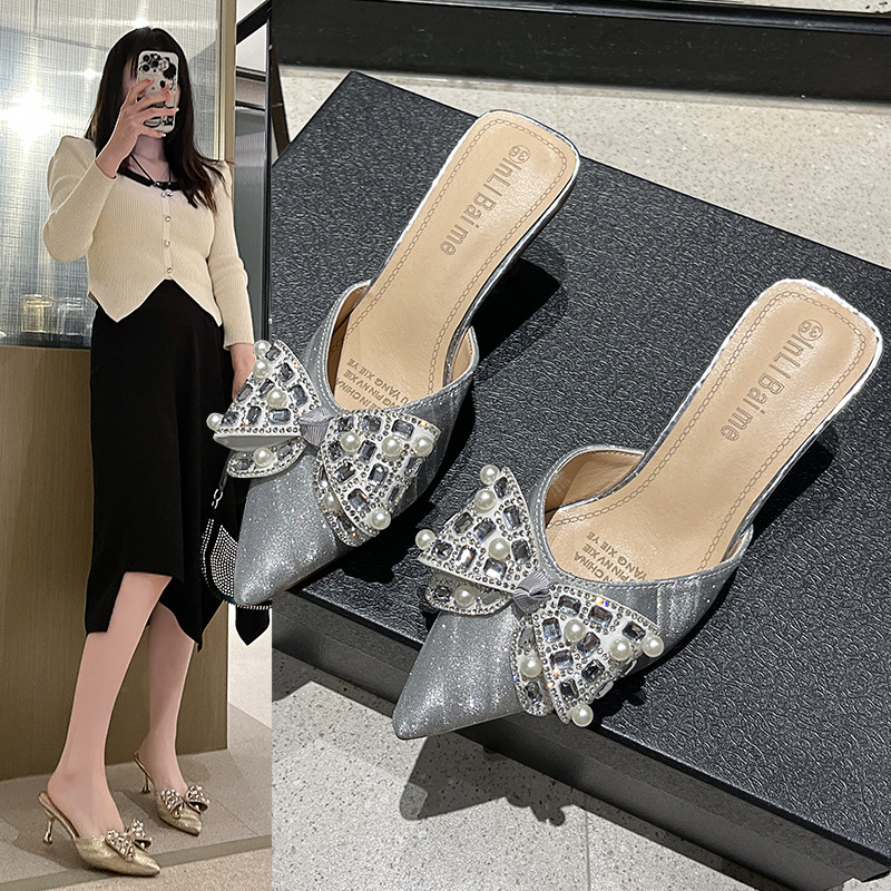 2024 Summer New High-end High-heeled Baotou Half Slippers Women's Sandals Pointed Heel Rhinestone Bow Sandals