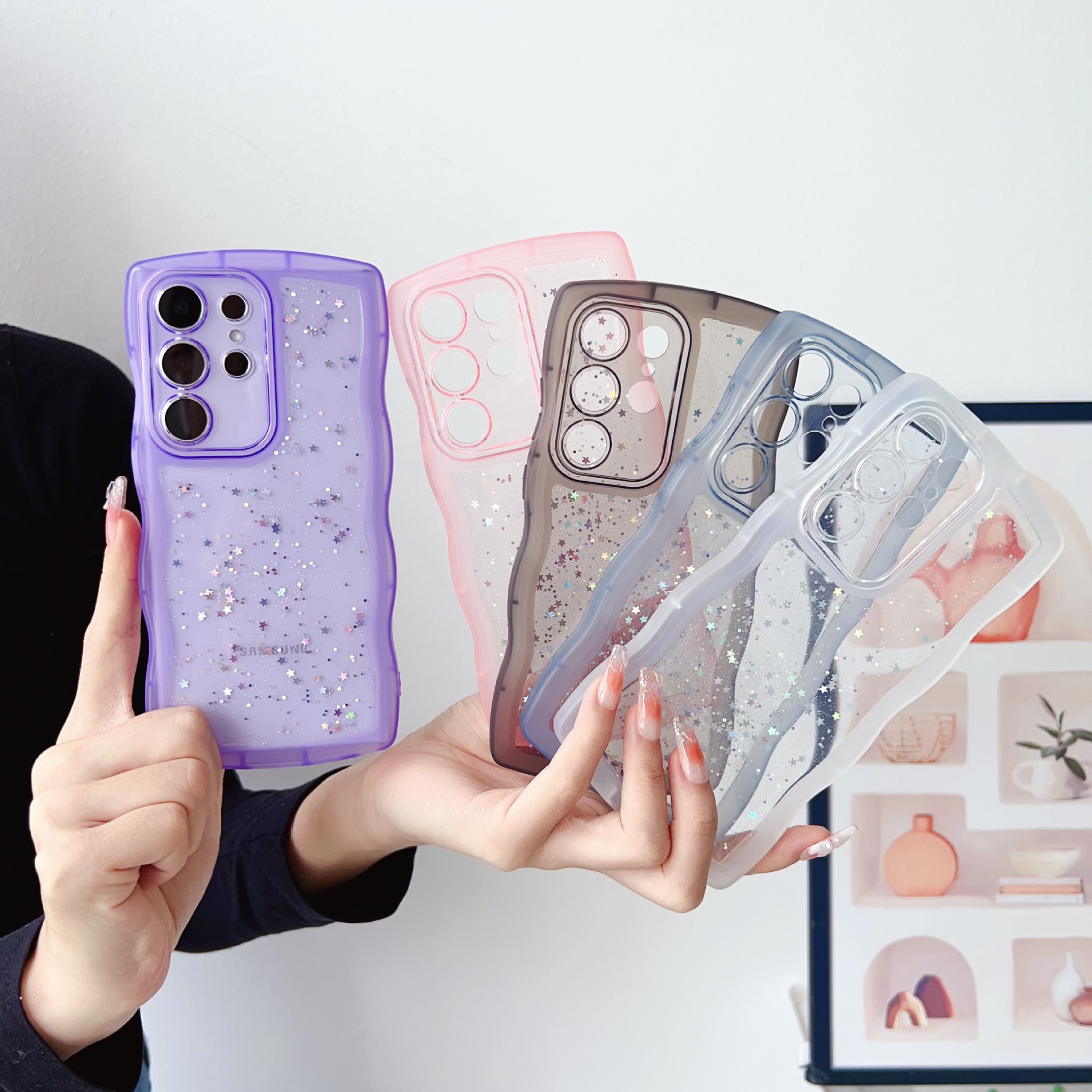 For Samsung S25Ultra phone case A55 drop glitter S24FE transparent wavy A35 protective case