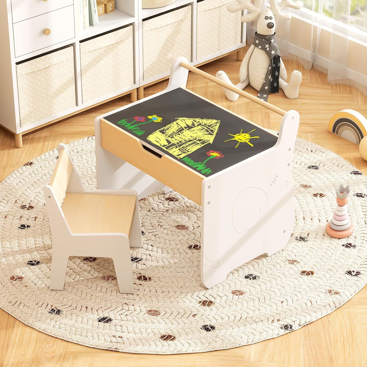 3-in-1 Children's Table and Chair Set with Blackboard Toddler Playroom Activity Table Home Wooden Children's Weaning Table