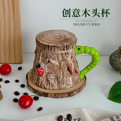 Whimsical creative ceramic cup wooden cup retro practical cute coffee cup high-end style with lid drinking cup