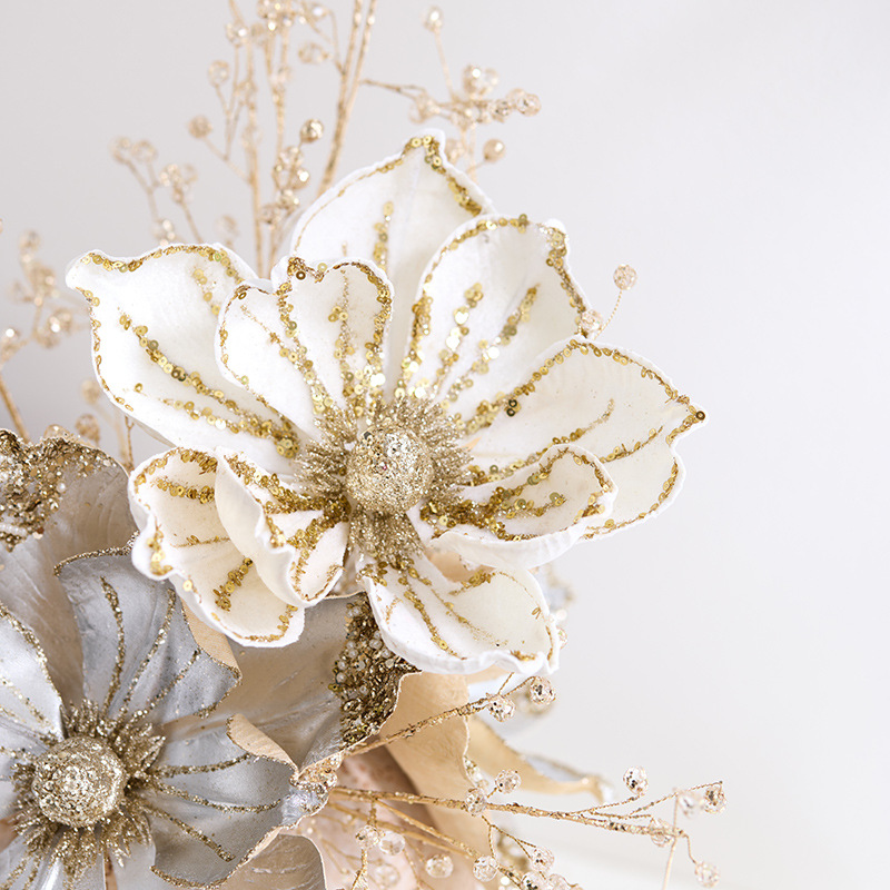 Nuevos productos transfronterizos decoraciones navideñas flores de navidad champagne oro de alta calidad simulación magnolia decoración floral para el hogar