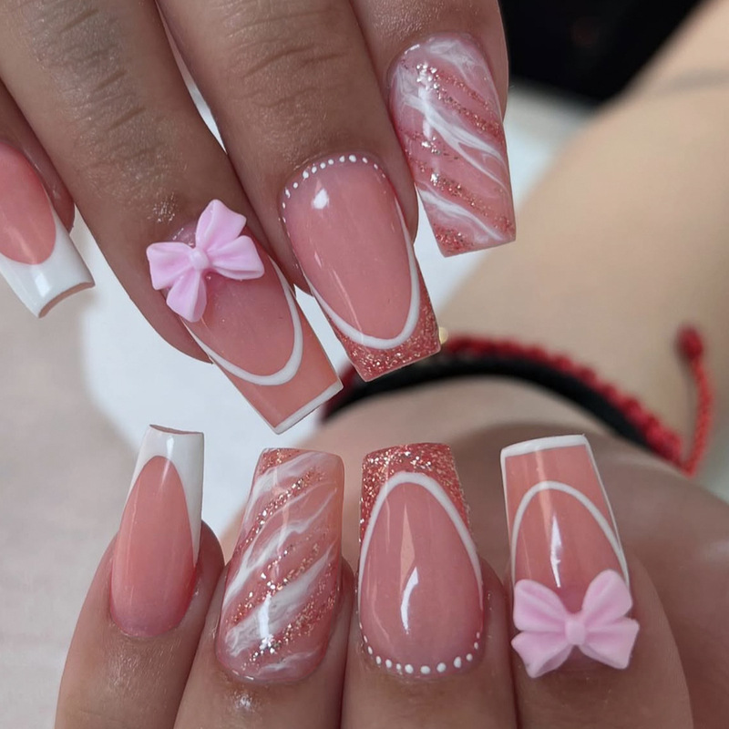 Cross-border wearing nail pink loose powder French side bow decoration design nail piece detachable fake nail