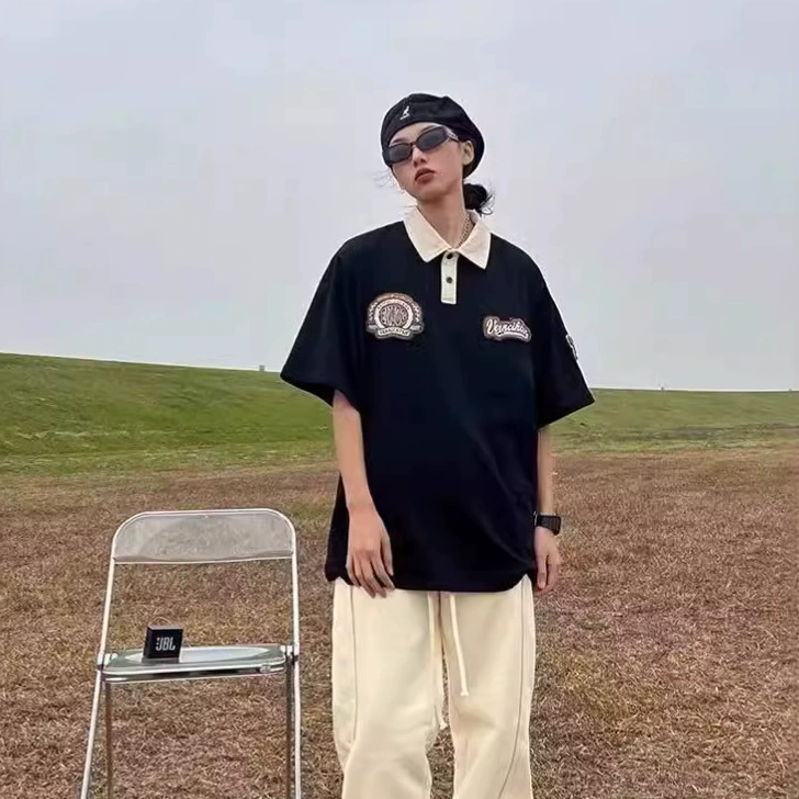 Японское ретро polo, с вышивкой, с коротким руковом, oversize