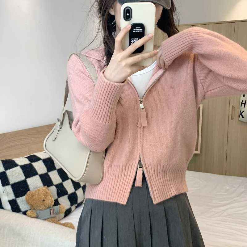 短款连帽双拉链针织衫女潮秋冬新款收腰显瘦洋气小个子毛衣女外套|undefined