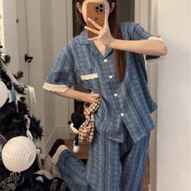 韩系复古蓝碎花睡衣女夏短袖长裤蕾丝花边宽松可外穿家居服套装