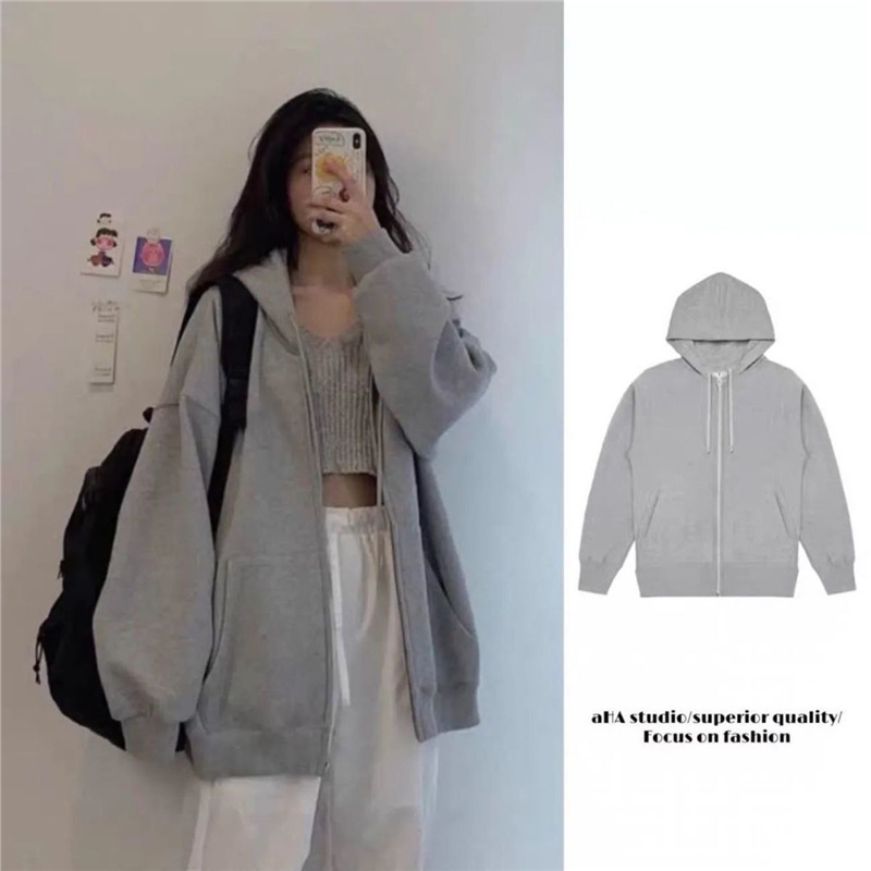Sweater Women's Spring and Autumn New Grey Zipper Sports Casual Salt Hooded Jacket Slimming Loose Cardigan Top Trendy