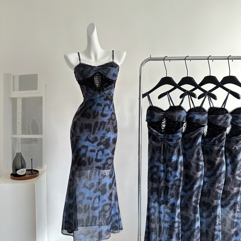 Nanli Xiang Dawn Venus High-End French Royal Sister Style Leopard Print Lace Dress Women's Spring and Summer Hip-Hugging Long Skirt