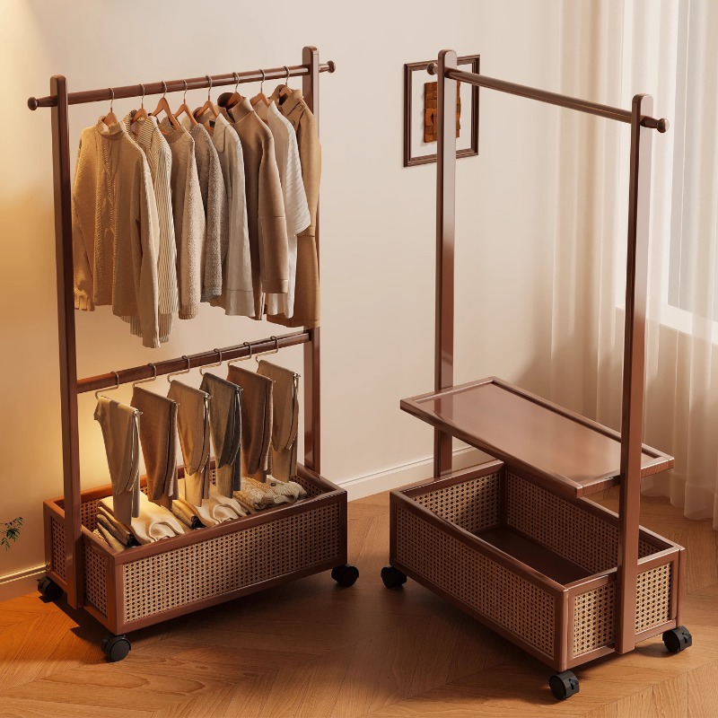 Simple Clothes Hanger Floor-Standing Vertical Plastic Rattan Dirty Clothes Basket Clothes Rack Integrated Wheeled Removable Multi-Functional Coat Rack