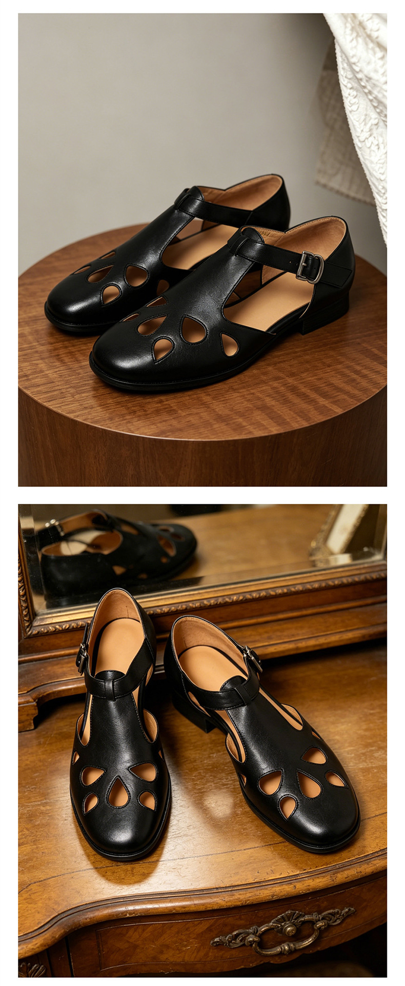 Sandal nữ da bò đục lỗ quai chữ T cổ điển, mũi kín gót bệt — màu nâu chi tiết 16