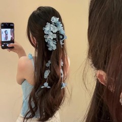 花谷滝 ~ 藍雪花流蘇掴み超仙ins風丸子頭掴み高級感サメ魚挟み盤器