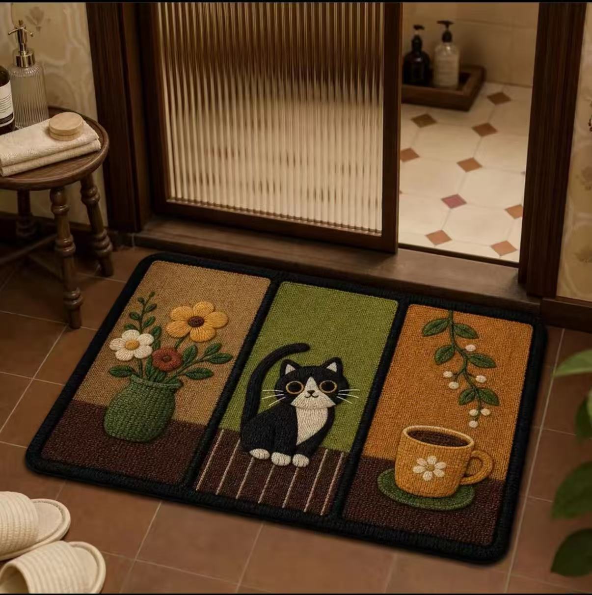 Cartoon retro bathroom absorbent quick-dry floor mat, soft diatomite mat, dirt-resistant and non-slip mat for bathroom and toilet entrance