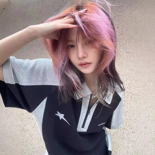 American splicing short-sleeved T-shirt women's summer retro high street contrast preppy style oversize loose couple's top