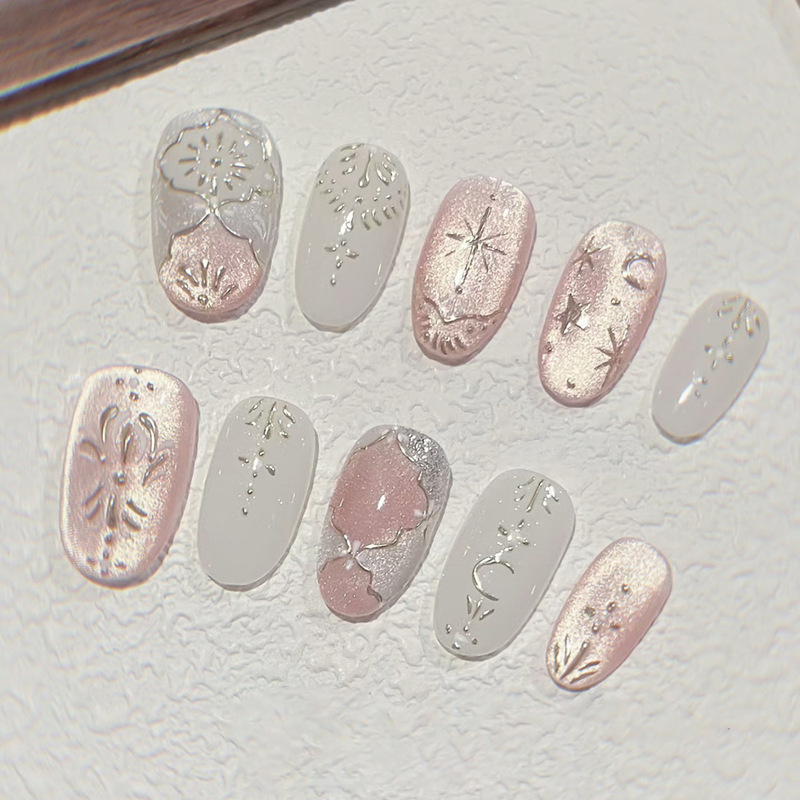 3D Cat Eye Magic Mirror Raspberry Pink Vibrant Fireworks Star Moon Style Gentle European and American Style Removable Nail Art 30 Pieces