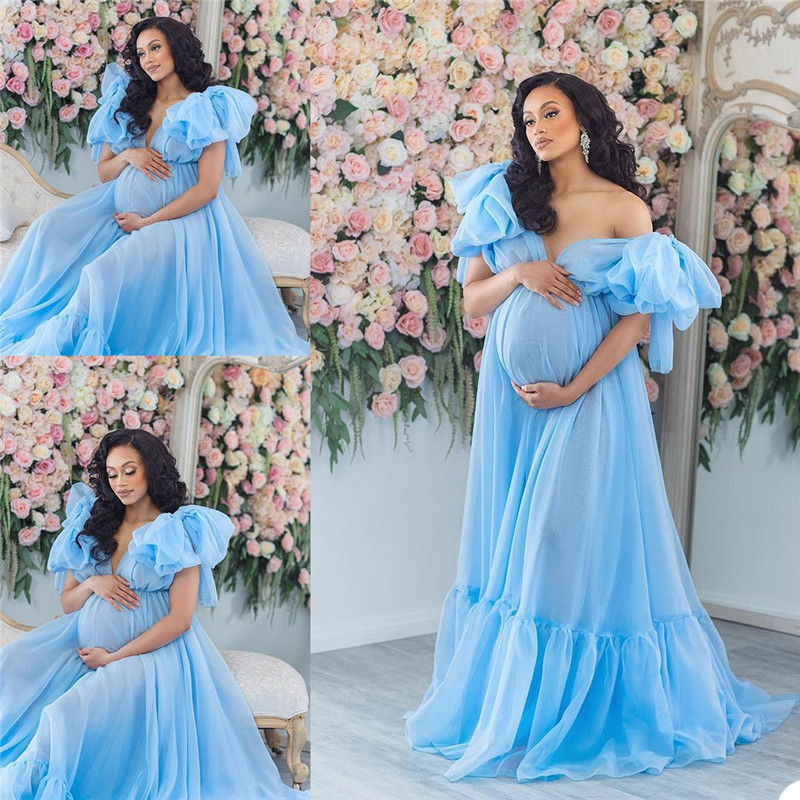 Light Blue Bridal Wedding Dress Puff Sleeve Maternity Dress Pregnant Women's Wedding Dress Loose Style Photo Studio Photography Art Photo