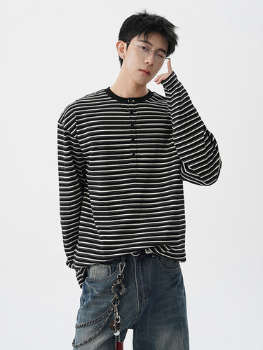 Henry Striped Long-Sleeve T-Shirt for Men, Spring and Autumn Season, American Retro V-Neck Top, Relaxed and Loose Fit Underwear