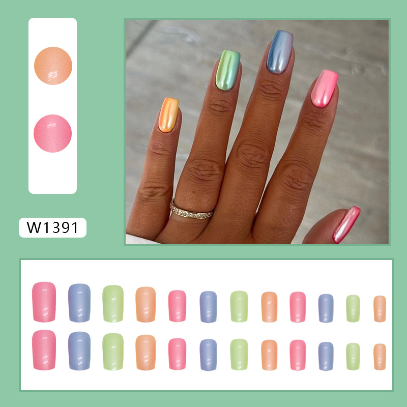 Mittellange europäische quadratische Regenbogen-Aurora-Nagelkunst-Nische im Instagram-Stil, einfarbig, vielseitig zu tragende Nägel_voghion.com