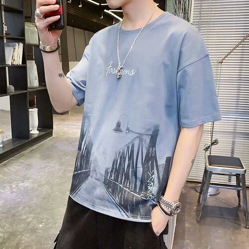 2025 Summer Men's Short-Sleeve T-Shirt Korean Style Trendy Crew Neck Letter Print Student Casual Base Shirt Wholesale