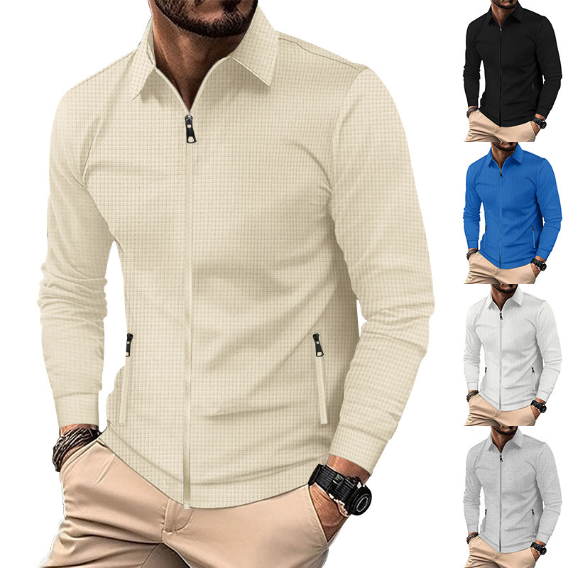 European and American Cross-Border Waffle Lapel Long-Sleeved Zipper Men's Jacket Amazon Casual Polo Men's Autum Jacket