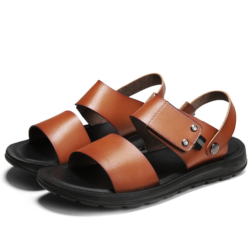 Dép sandal nam cao cấp hở ngón, quai da thoáng khí chống trơn trượt đi biển, đi ngoài trời — Màu xanh đậm trên nền nâu, Nền nâu vàng nâu, Nền nâu, nâu đậm., nền nâu đen