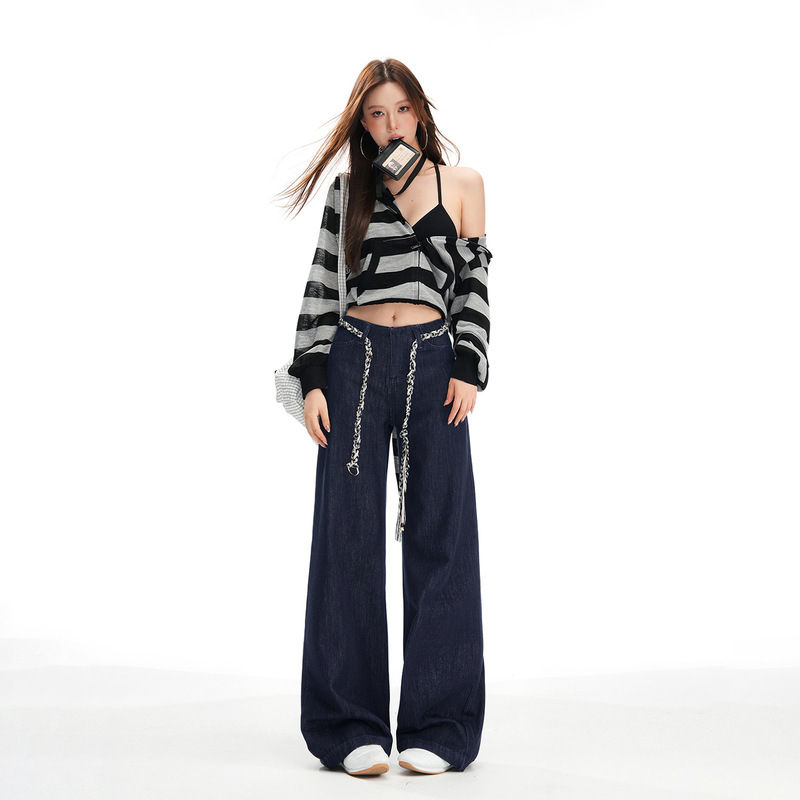 Black Gold Wide-Leg Jeans for Women, American Retro Washed Low-Waist Slimming Loose Drape Floor-Length Straight Black Gold Wide-Leg Jeans for Women, American Retro Washed Low-Waist Slimming Loose Drape Floor-Length Straight