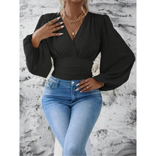 实拍春季新款纯色性感V领收腰显瘦灯笼袖小衫长袖上衣欧洲站爆款