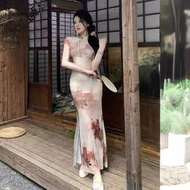 国风复古水墨印花旗袍礼服长裙包臀开叉中长款网纱连衣裙X683
