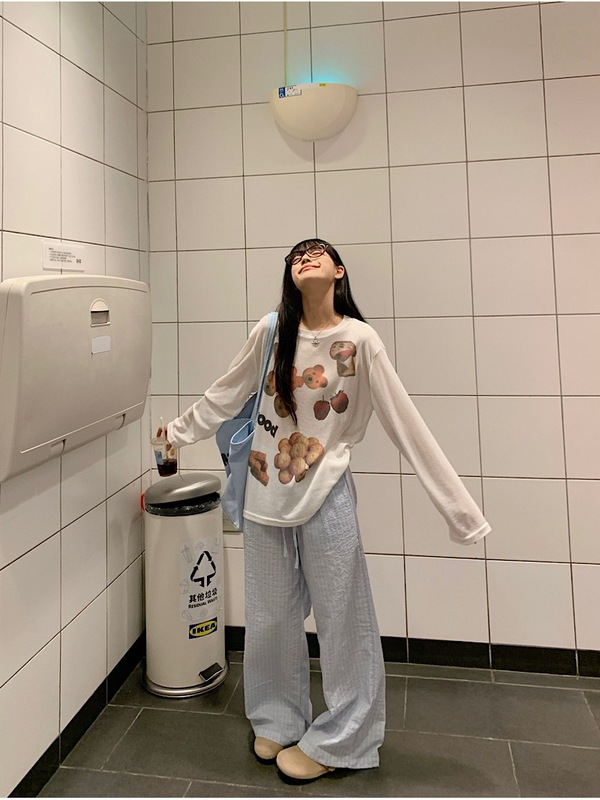 韩系慵懒风白色小熊印花长袖T恤女夏季圆领宽松薄款防晒罩衫上衣|undefined