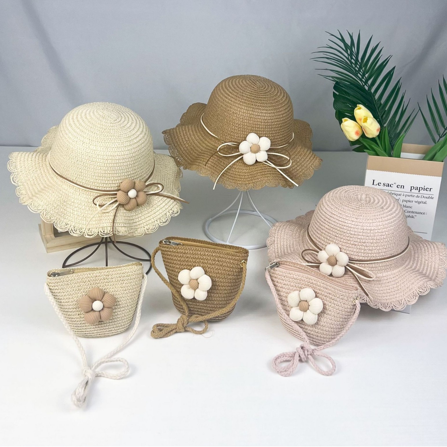 女童遮阳草帽夏天防晒渔夫帽女孩花朵公主帽女宝凉帽波浪帽太阳帽