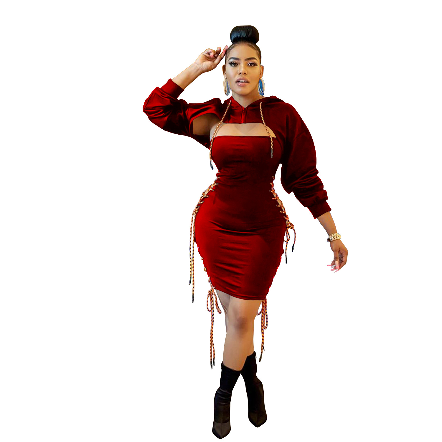 X6088 Vestido midi de manga larga de color liso para mujer, estilo europeo y americano, con cordón ajustable, precio especial en stock, no se permite devolución ni cambio. image 9