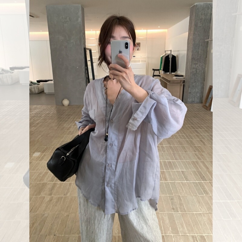 Lace V-Neck Ramie Ultra-Thin Cotton and Linen Sun Protection Shirt Jacket for Women Summer New Style Lazy Style Loose Long-Sleeved Top