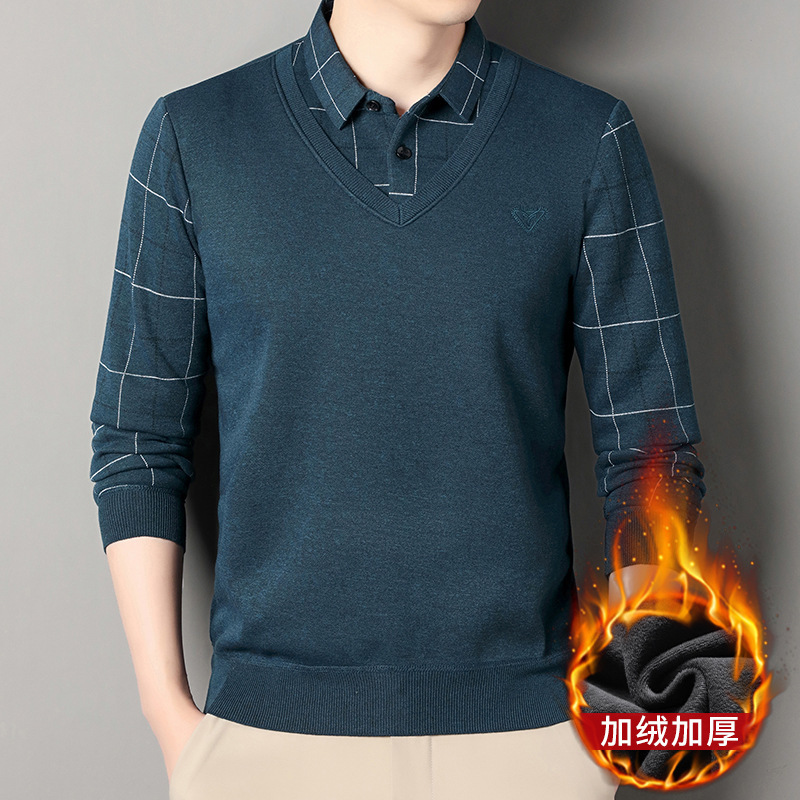 Men's Autumn and Winter Knit Versatile Shirt-Collar Jacket Sweater with Fleece-Lined Base Layer T-Shirt