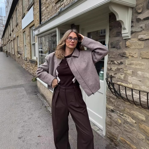 European and American Women's Spring Streetwear Fashion Lapel Zip-Up Wool Coat