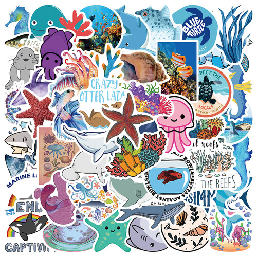 50 Pieces Cartoon Cute Marine Life Starfish Jellyfish Stickers Graffiti Luggage Laptop Diary Stickers Wholesale