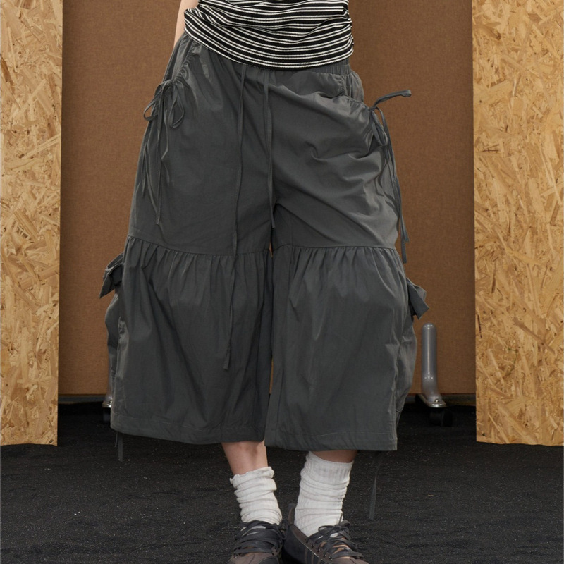 Onlpp American Retro Design Drawstring Pleated Wide-Leg Pants for Women with Large Pockets, Workwear-Style Cropped Casual Pants