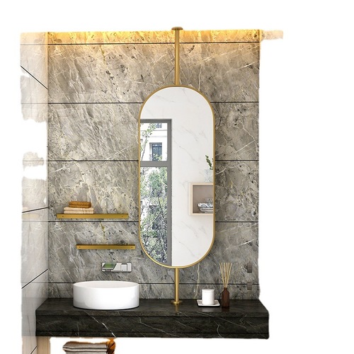 Bathroom ceiling-mounted elliptical lighted mirror for hotel guest rooms and homestays, with lighted sink and mirror-back painting