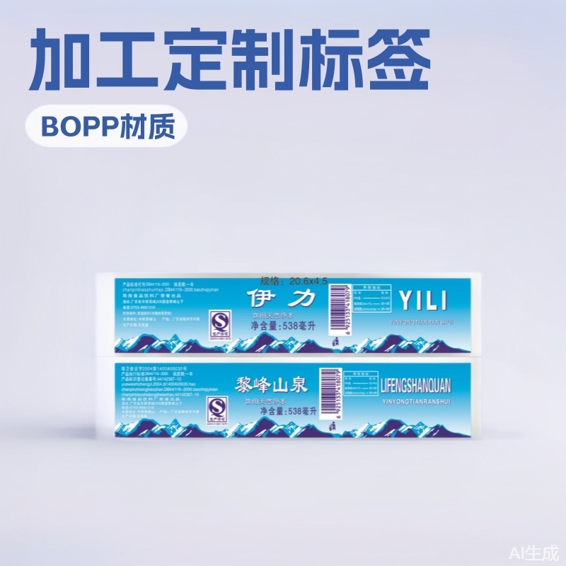 矿泉水标纯净水标饮用水彩印手工自粘胶膜标机粘贴彩印标签膜厂家
