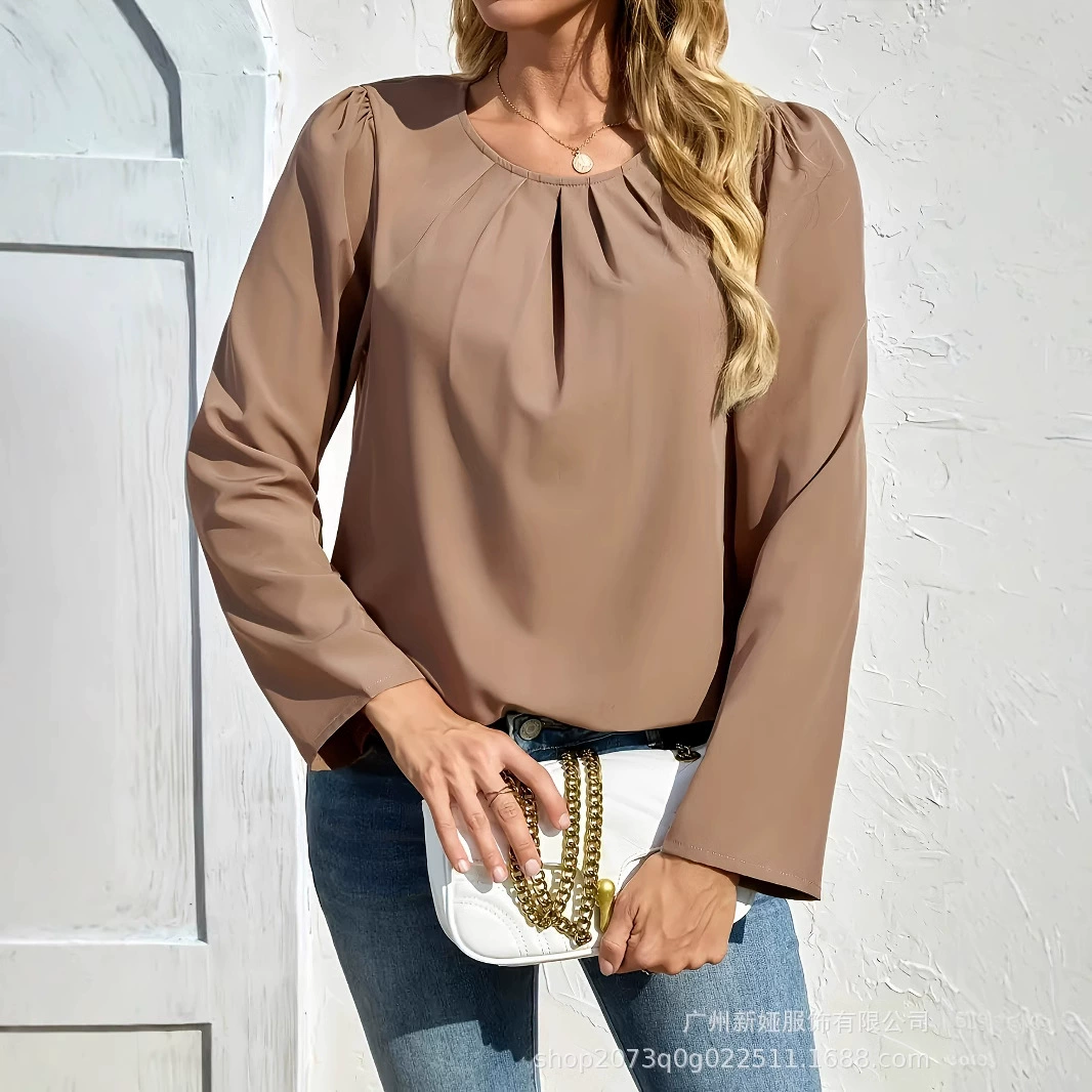 Европейские и американские трансграничные круглые вырезы модные складки повседневные пригородные рубашки с длинными рукавами